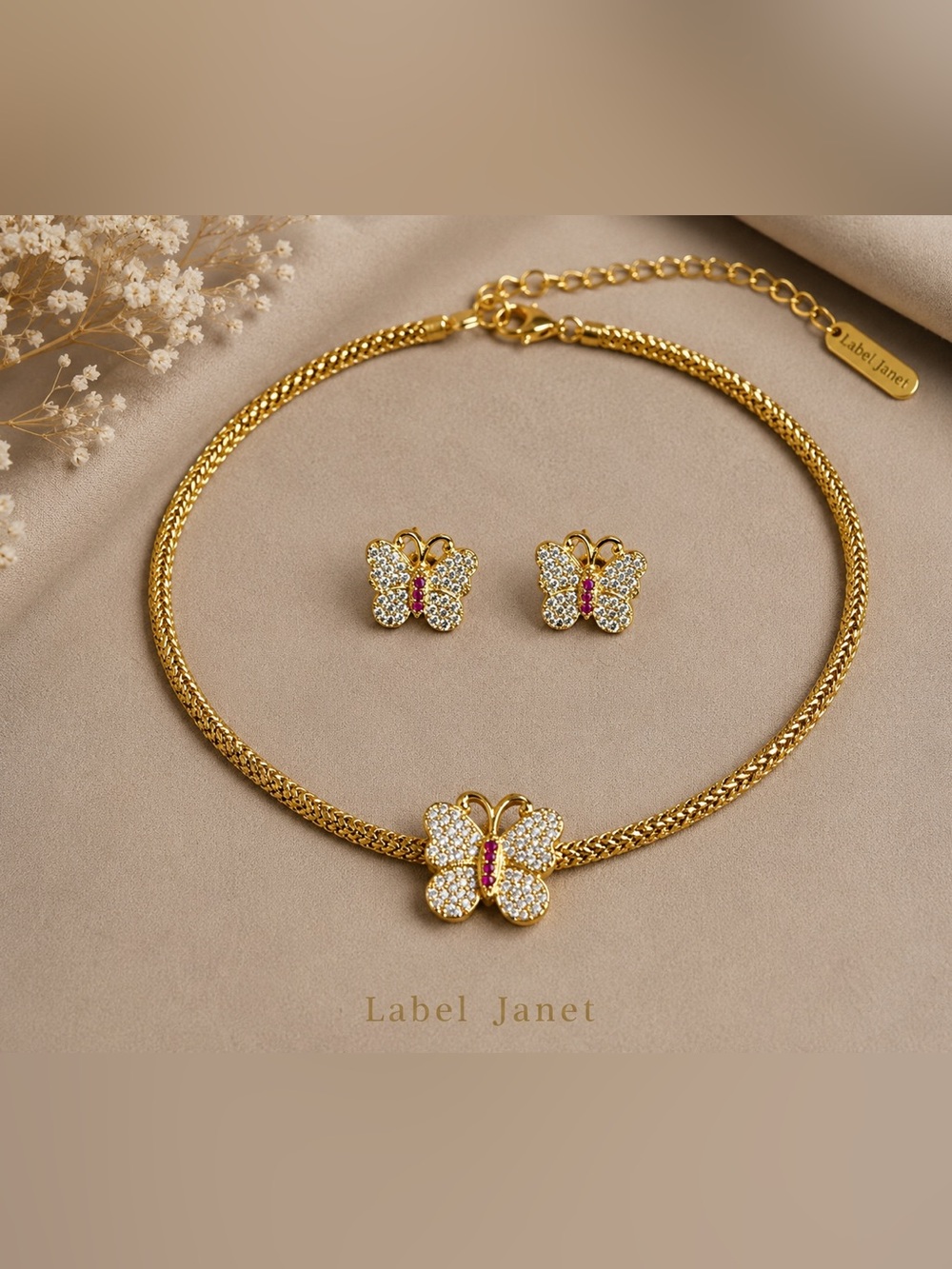 Gold Butterfly Necklace and Earring Set - Gold with Pink Accents